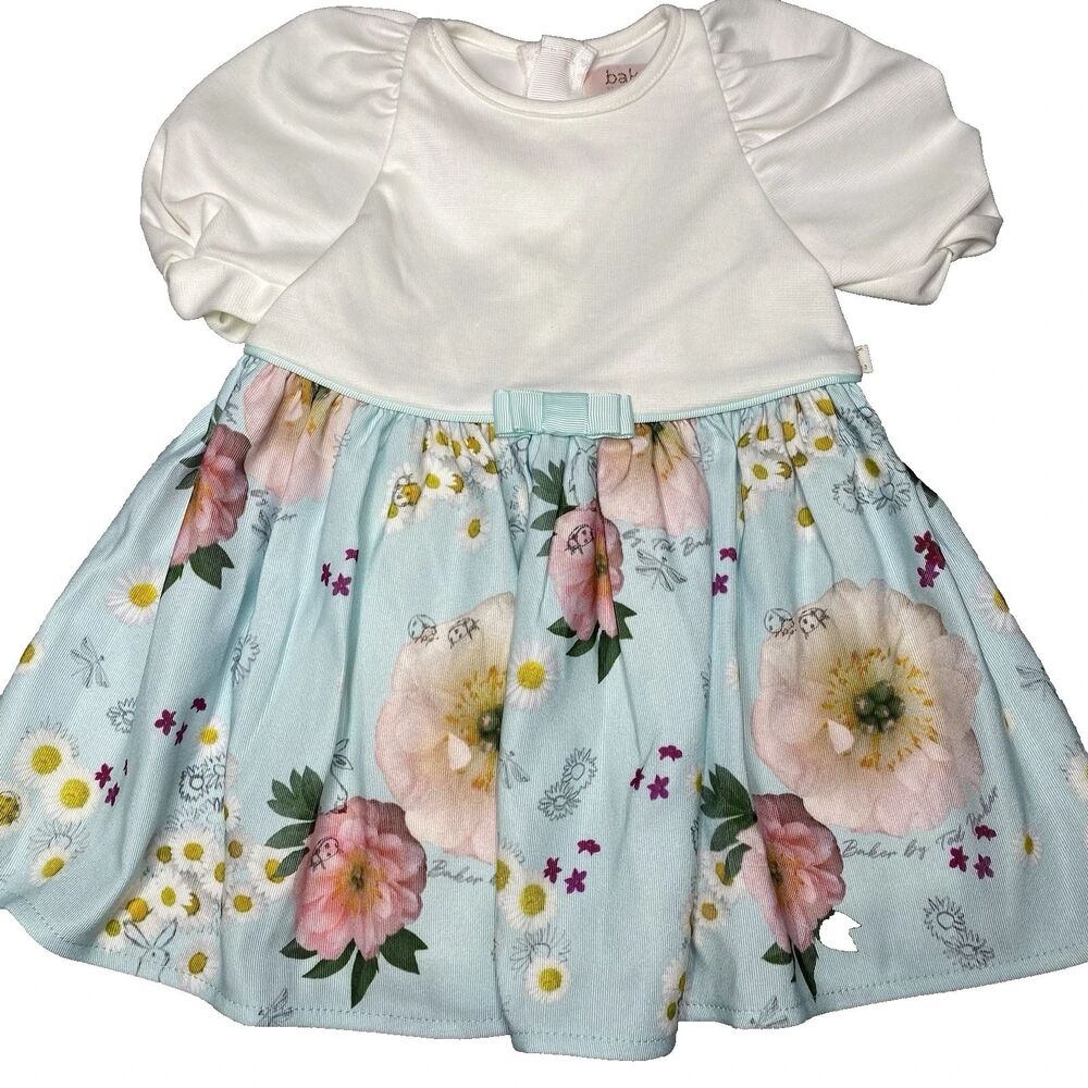 Ted Baker Floral Puff Sleeves Dress Cream Blue Baby Girl Size 3-6 Months NWOT